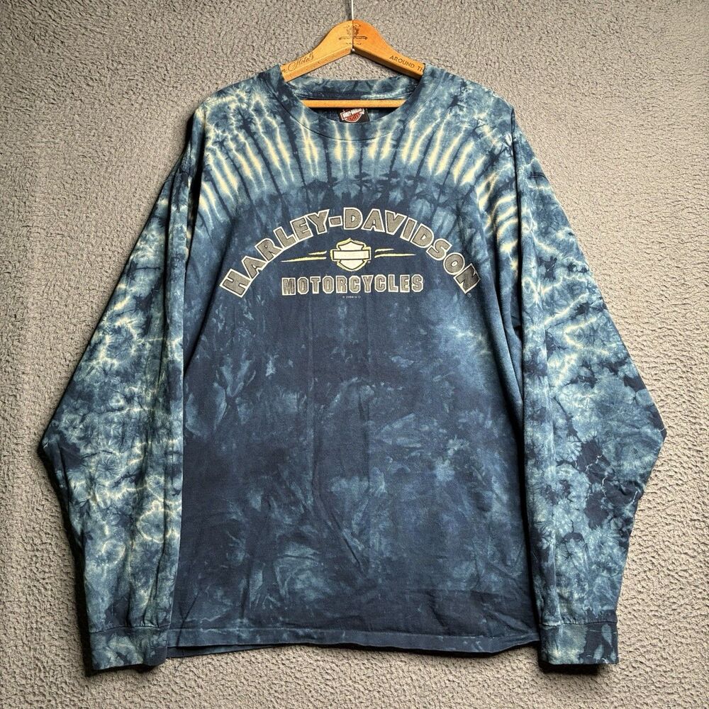 Vintage Y2k Harley Davidson Shirt Long Sleeve Blue Tie Dye Biker Indiana Mens XL